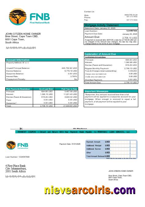 South Africa First National Bank (FNB) mortgage statement